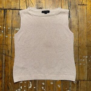 Ann Taylor Knit Top Women's Small Beige Acrylic Sleeveless Ribbed Hem Boat Neck